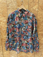Vintage 90s bold floral roses blue pink green abstract pattern long sleeve rayon shirt size XL by St